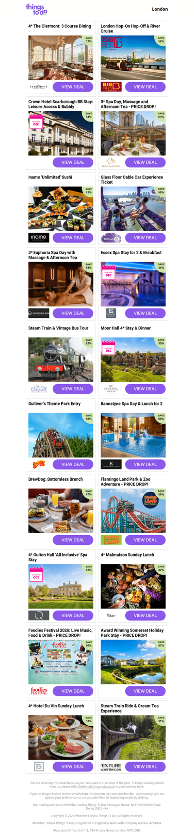 4* The Clermont: 3 Course Dining | London Hop-On Hop-Off & River Cruise | Crown Hotel Scarborough BB Stay: Leisure Access & Bubbly | 5* Spa Day, Massage and Afternoon Tea - PRICE DROP! | Inamo 'Unlimited' Sushi