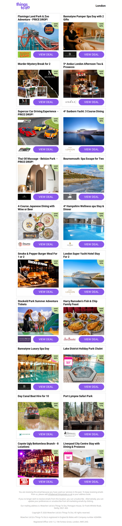 Flamingo Land Park & Zoo Adventure | Bannatyne Pamper Spa Day with 2 Gifts | Murder Mystery Break for 2 | 5* Andaz London Afternoon Tea & Prosecco | Supercar Car Driving Experience  - PRICE DROP!