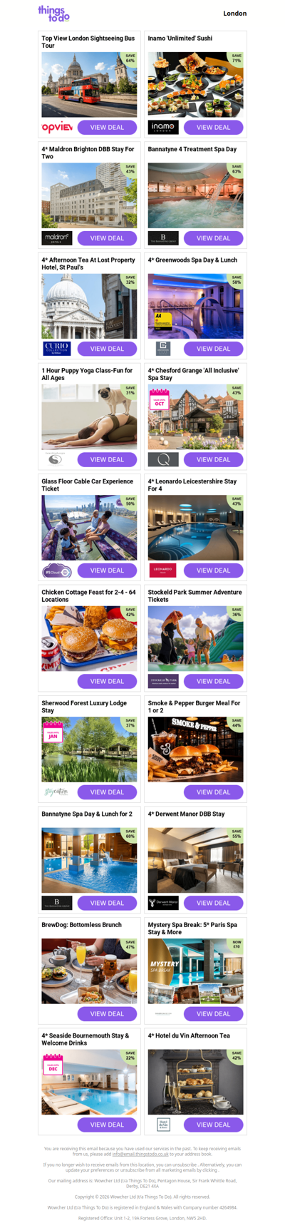 Top View London Sightseeing Bus Tour | Inamo 'Unlimited' Sushi | 4* Maldron Brighton DBB Stay For Two | Bannatyne 4 Treatment Spa Day | 4* Afternoon Tea At Lost Property Hotel, St Paul's