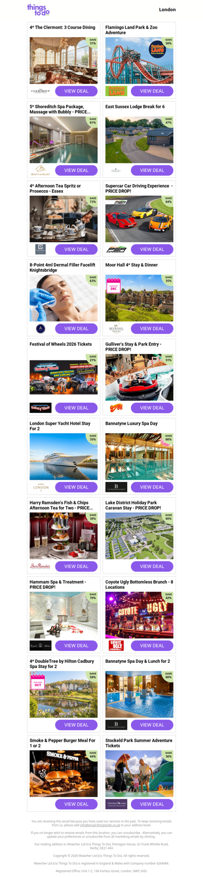 4* The Clermont: 3 Course Dining | Flamingo Land Park & Zoo Adventure - PRICE DROP! | 5* Shoreditch Spa Package, Massage with Bubbly - PRICE DROP! | East Sussex Lodge Break for 6 | 4* Afternoon Tea Spritz or Prosecco - Essex