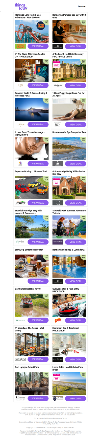 Flamingo Land Park & Zoo Adventure - PRICE DROP! | Bannatyne Pamper Spa Day with 2 Gifts | 4* The Dixon Afternoon Tea for 2-4  - PRICE DROP! | 4* Redworth Hall Hotel Getaway For 2 - PRICE DROP! | Sunborn Yacht 2-Course Dining & Prosecco For 2