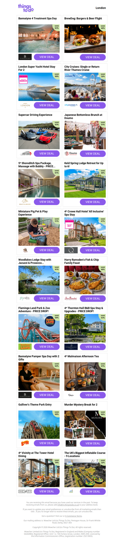 Bannatyne 4 Treatment Spa Day | BrewDog: Burgers & Beer Flight |  London Super Yacht Hotel Stay For 2 | City Cruises: Single or Return River Thames Cruise | Supercar Driving Experience