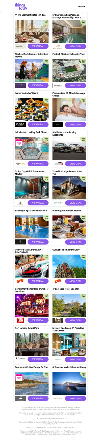 4* The Clermont Hotel - Aft Tea | 5* Shoreditch Spa Package, Massage with Bubbly - PRICE DROP! | Stockeld Park Summer Adventure Tickets | Football Stadium Helicopter Tour  | Inamo 'Unlimited' Sushi