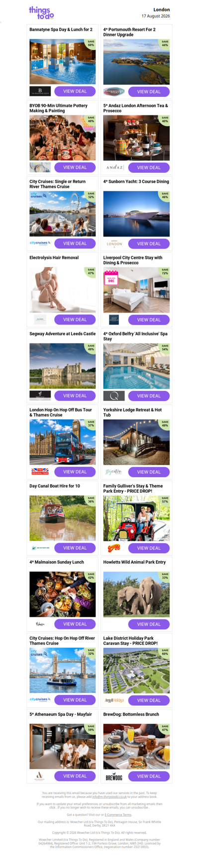 Bannatyne Spa Day & Lunch for 2 | 4* Portsmouth Resort For 2  Dinner Upgrade | BYOB 90-Min Ultimate Pottery Making & Painting | 5* Andaz London Afternoon Tea & Prosecco | City Cruises: Single or Return River Thames Cruise