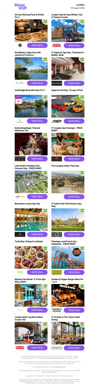 20-Inch Sharing Pizza & Drinks For 2 | London Hop On Hop Off Bus Tour & Thames Cruise | Woodlakes Lodge Stay with Jacuzzi & Prosecco  | 5* Euphoria Spa Day, Treatment & Bubbly  Bank | Cambridge Riverside Stay For 2