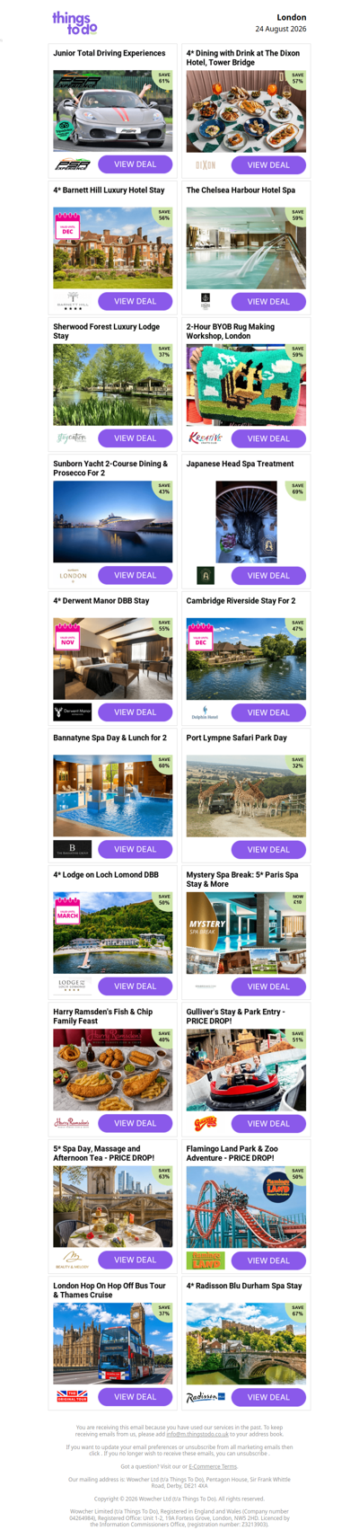 Junior Total Driving Experiences | 4* Dining with Drink at The Dixon Hotel, Tower Bridge | 4* Barnett Hill Luxury Hotel Stay | The Chelsea Harbour Hotel Spa | Sherwood Forest Luxury Lodge Stay