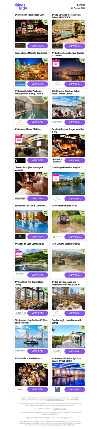 5* Afternoon Tea: London City | 5* Spa Day, 2 or 3 Treatments, Soho - PRICE DROP! | Bruges Xmas Markets Coach Trip | 4* Sunborn Yacht Festive Stay for 2 - London | 5* Shoreditch Spa Package, Massage with Bubbly - PRICE DROP!