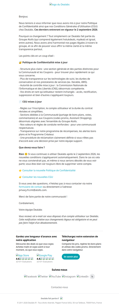 Politique de Confidentialité et Conditions Générales d'Utilisation mises à jour à partir du 2 septembre 2026