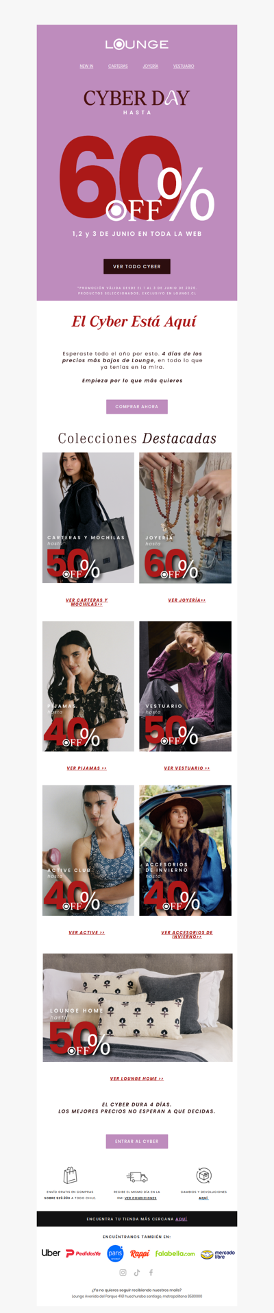 Ya empezó. Hasta 60% OFF en todo Lounge 🖤