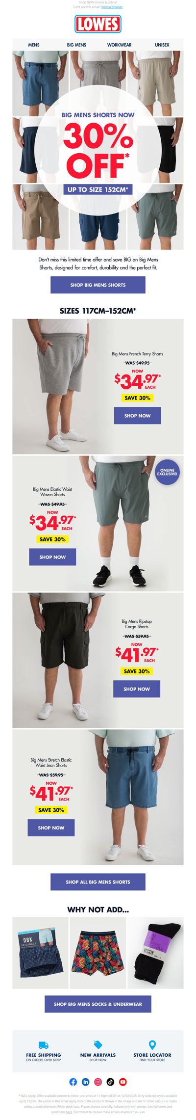 BIG MENS: 30% Off Shorts* | Up to 152cm!