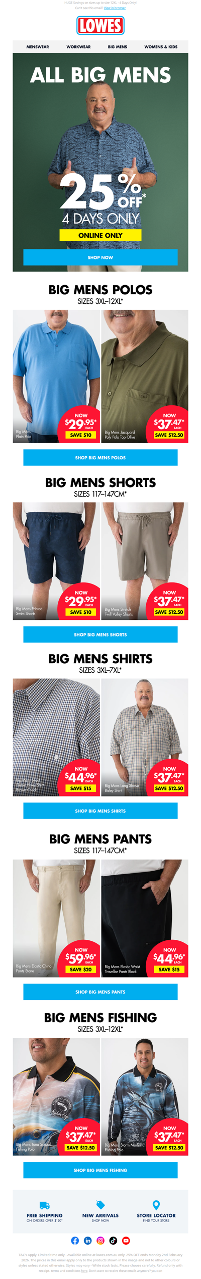 ONLINE ONLY 🚨 25% OFF ALL BIG MENS!*