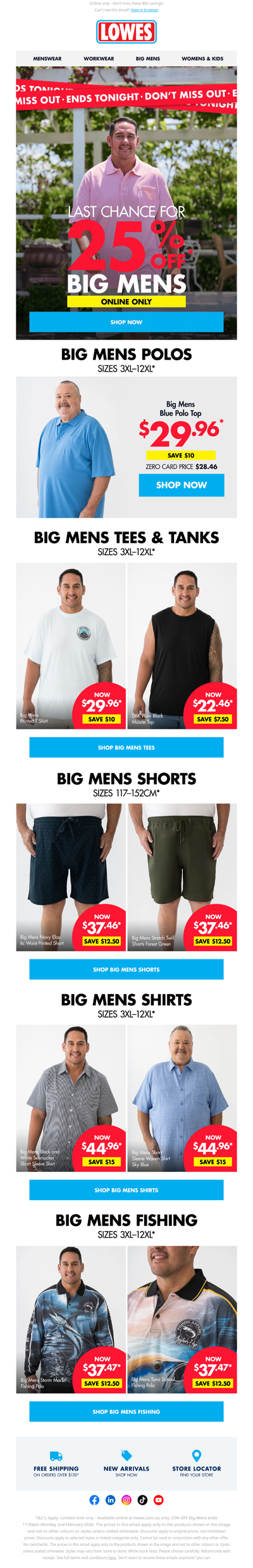 LAST CHANCE! 25% Off* Big Mens ENDS TONIGHT!