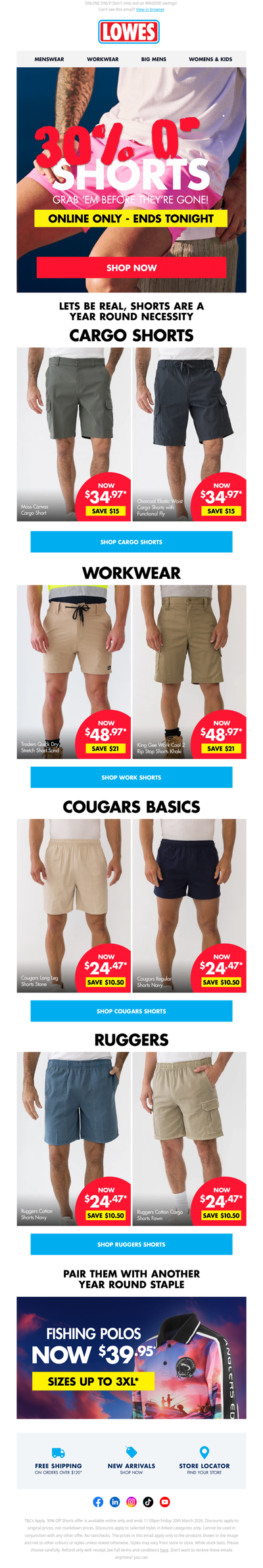 LAST CHANCE! 30% OFF SHORTS ENDS TONIGHT!* 🚨