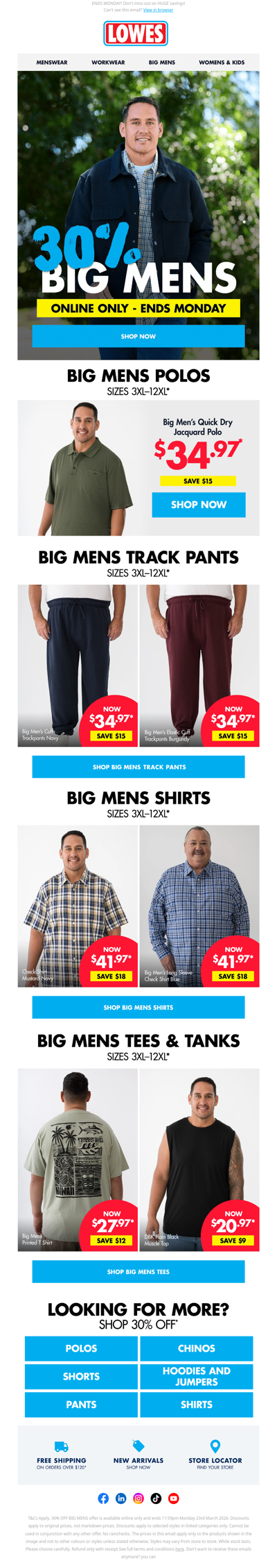 NOW LIVE: 30% OFF Big Mens 🎉 Online Only. Shop Now*