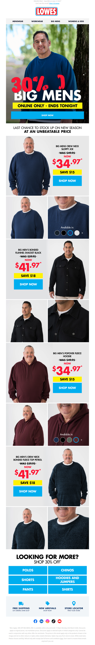 FINAL HOURS 🚨 30% OFF Big Mens Ends Tonight. Shop Now*