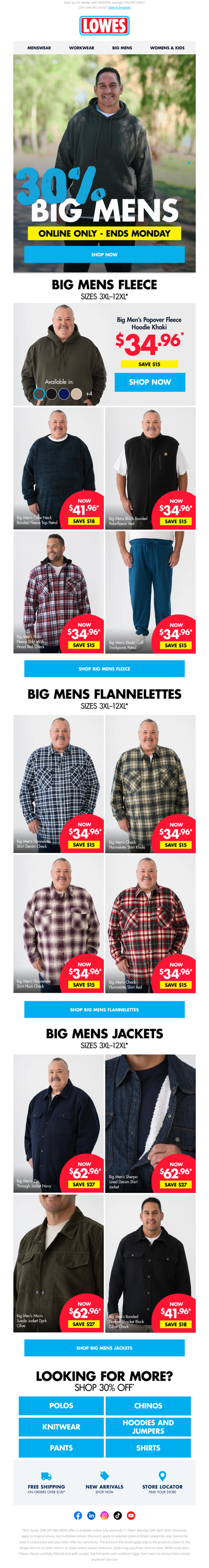 30% OFF Big Mens is NOW LIVE! Shop 3-12XL* 🚨
