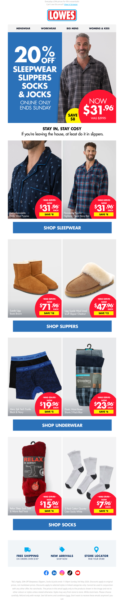 20% OFF* Sleepwear, Socks & Jocks! Online Only!