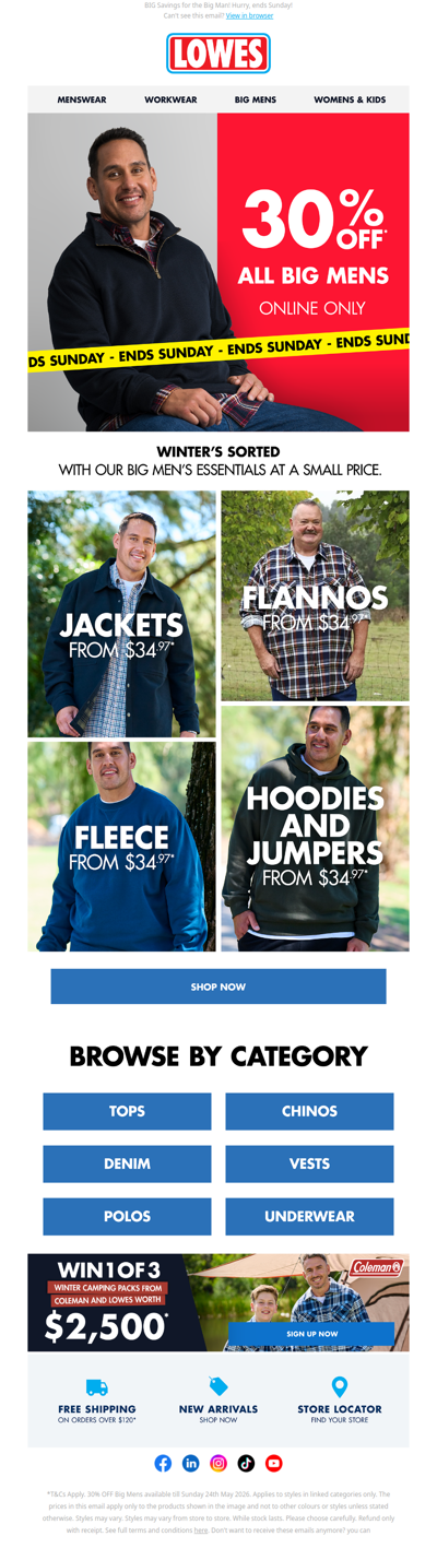 30% OFF Big Mens* | Online Only!