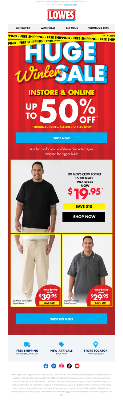 Up To 50% OFF Big Mens + FREE SHIPPING!* 🚚