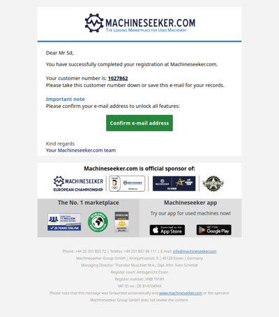 Your registration with Machineseeker.com