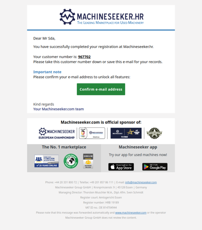 Your registration with Machineseeker.hr