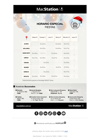 Horarios especiales en nuestras sucursales por las fiestas 🎄