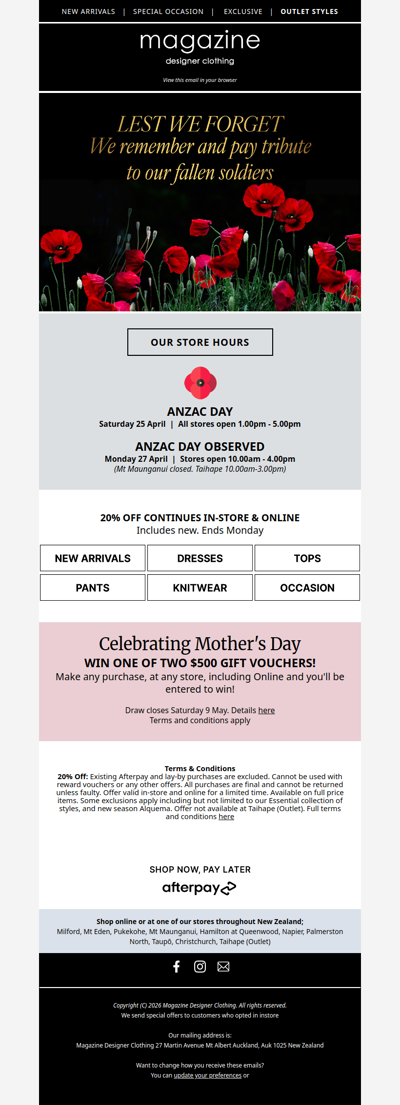 We’re open from 1 pm this Anzac Day