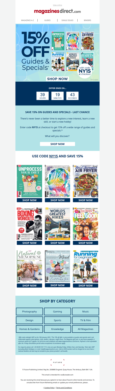 15% off guides & specials with code NY15