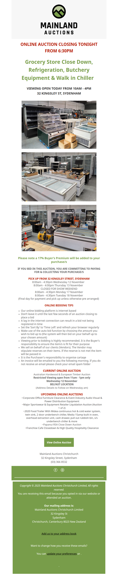 GROCERY STORE, REFRIGERATION & BUTCHERY AUCTION CLOSING TONIGHT