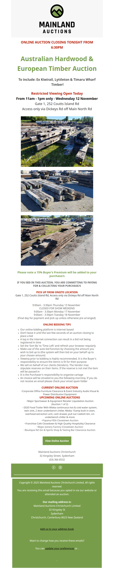 Australian Hardwood & European Timber Auction Closing Tonight From 6:30pm!