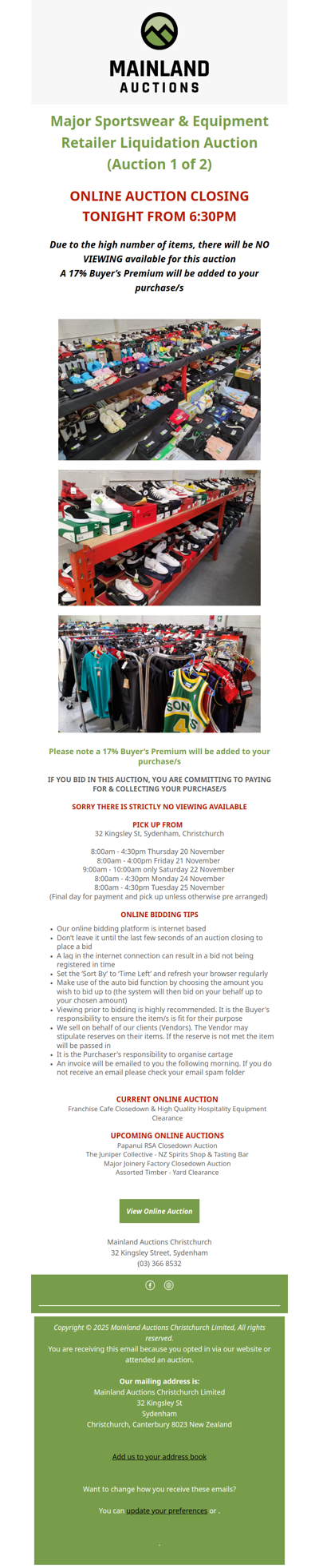 AUCTION CLOSING TONIGHT - MAJOR SPORTSWEAR & EQUIPMENT RETAILER LIQUIDATION