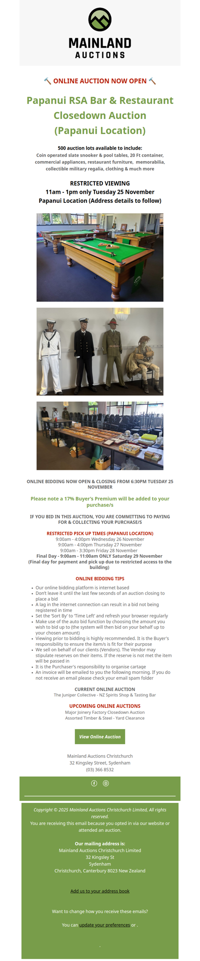 Papanui RSA Bar & Restaurant Closedown Auction Now Open