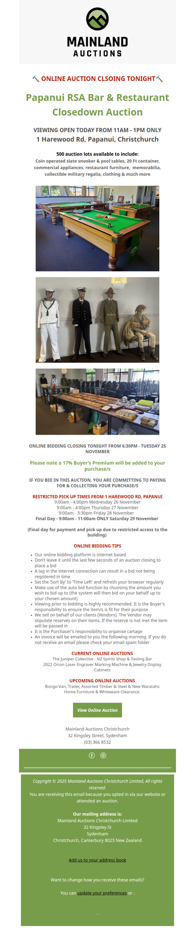 Papanui RSA Bar & Restaurant Closedown Auction Closing Tonight From 6:30pm