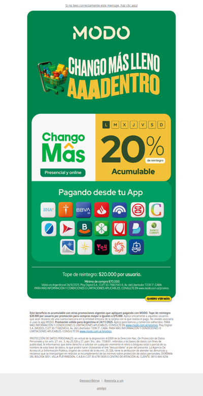 ¡SOLO POR HOY! 20% de reintegro con MODO en ChangoMâs 🛒
