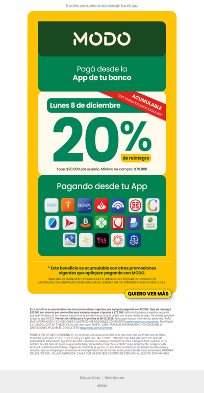 ¡Ponete en modo fiestas 🎄! 20% de reintegro con MODO en ChangoMâs 🛒