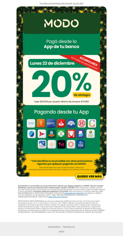 ¡Empezá la semana con todo HOY 20% de reintegro con MODO en ChangoMâs 🛒