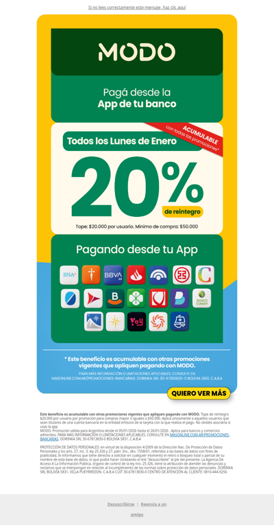 20% de reintegro con MODO en ChangoMâs 🛒 ¡ Agendalo 📲! Mañana Lunes