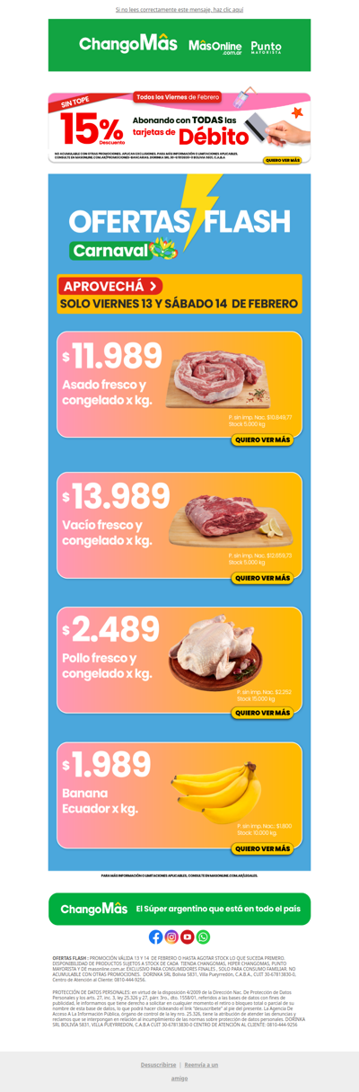 13 y 14 de Febrero Carnaval de Ofertas Flash + 15% con Tarjetas de Débito ¡SIN TOPE!