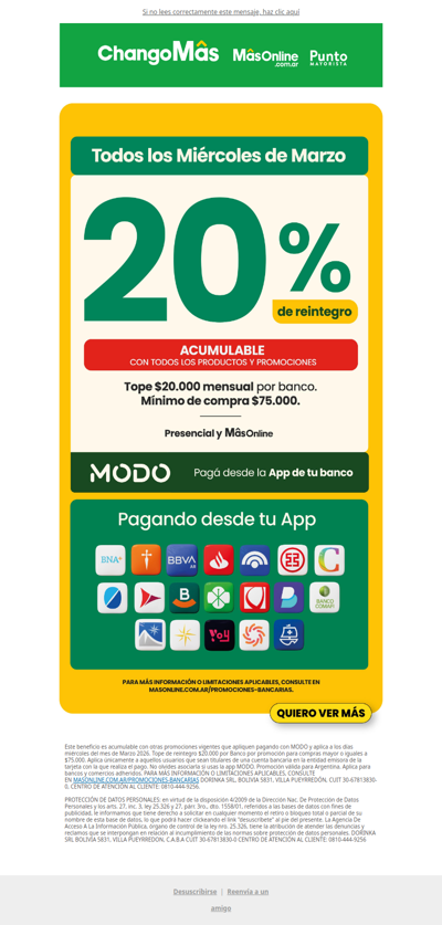 📲 Mañana 20% de reintegro con MODO Acumulable con todas las promociones ⚡
