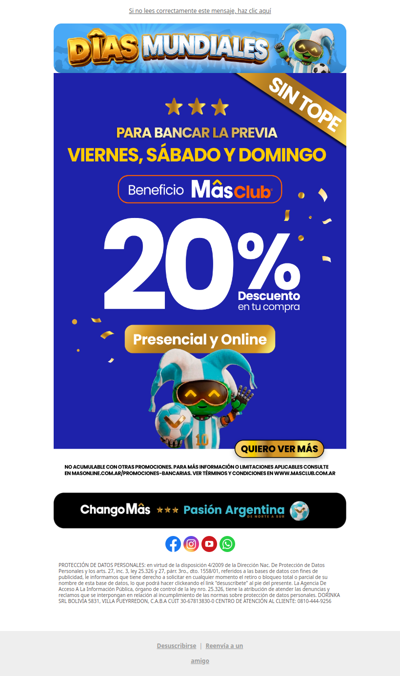 🇦🇷 Hoy estamos Mâs manija que nunca, 20% con Mâs Club en tu compra del Viernes al Domingo 💥⚽