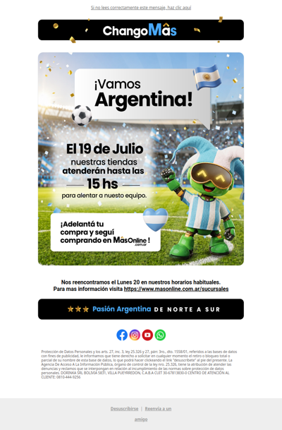 🙌 ¡Todos con la Selección! Agendá nuestro horario especial para este domingo 19/07