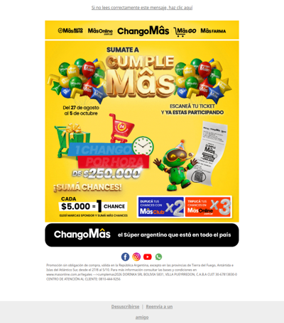 🎉Cumple Mâs: ¡Podés ganar 🛒1chango de $250.000 por hora!