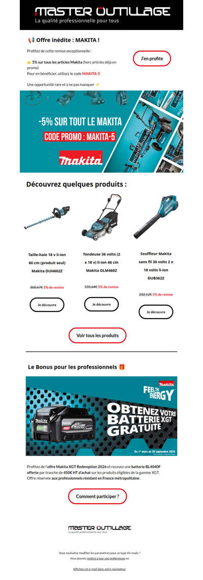 Votre code promo : 5% de remise sur Makita 💥