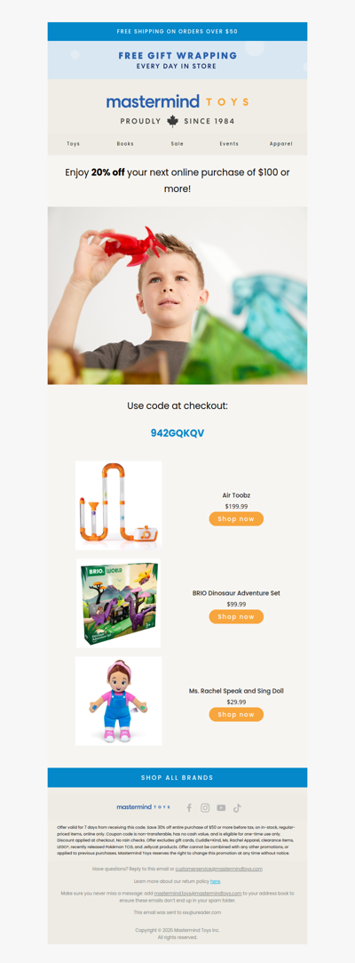 🛒 20% off your order of $100+