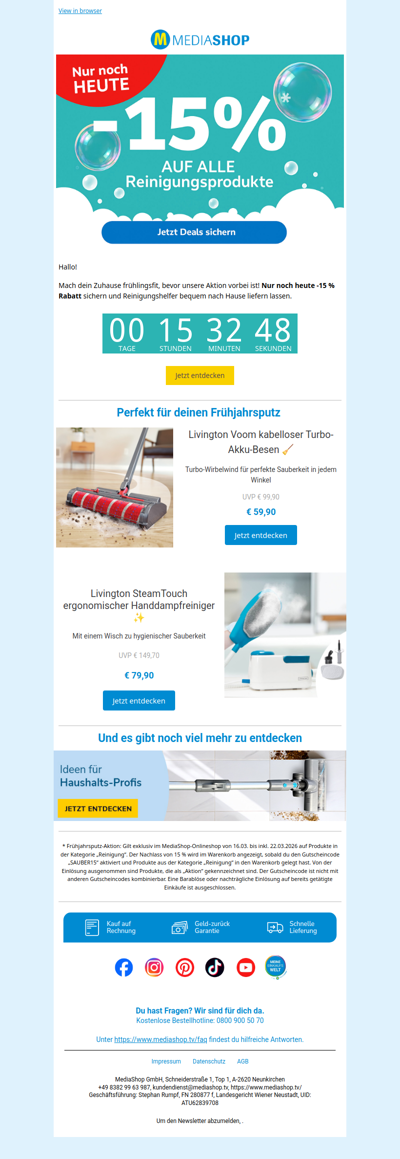 Deal endet heute! 15% Reinigungs-Rabatt sichern!