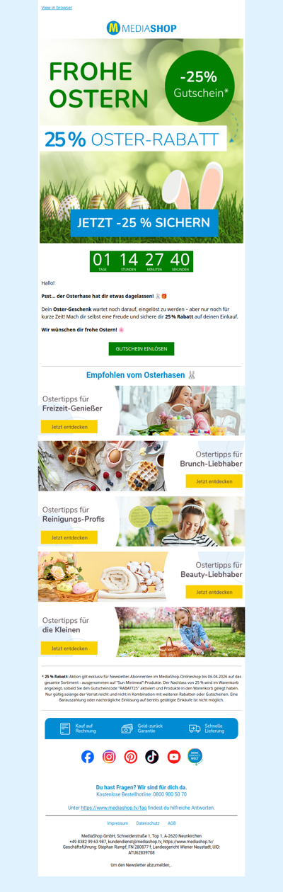 Frohe Ostern! 🎁 Dein 25 % Geschenk nur noch heute! 🐰