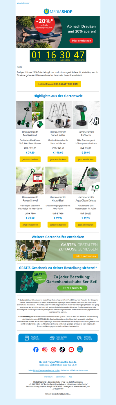 ⏳ Nur noch bis morgen: -20 % auf das Gartensortiment