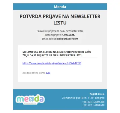 Potvrda prijave na newsletter listu