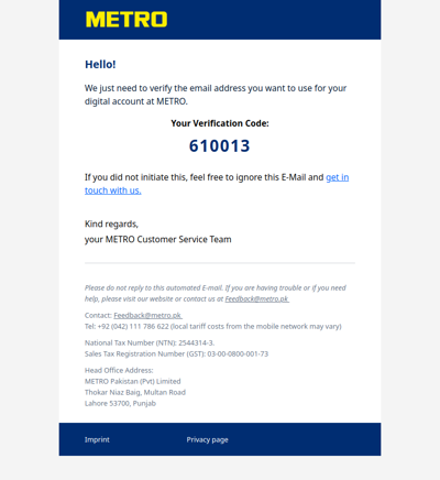 METRO Verification Code – 610013