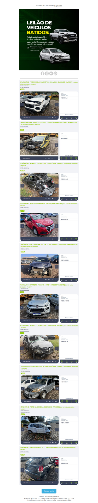 Leilão de Veiculos Batidos/Sucatas no dia 28/01 AS 13h.